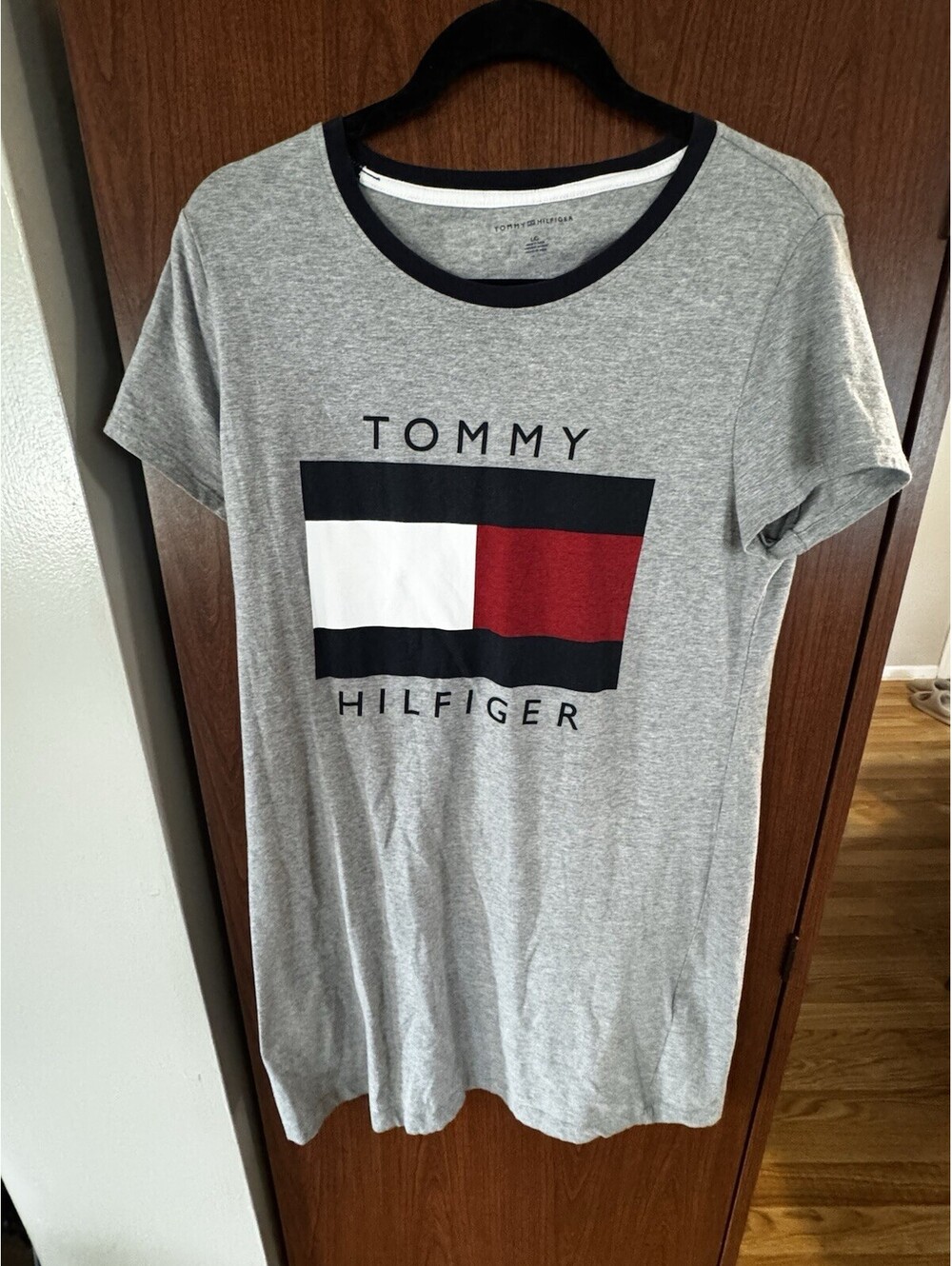 Tommy Hilfiger Womens L Gray Flag Logo T Shirt Dress Short Sleeve Stretch